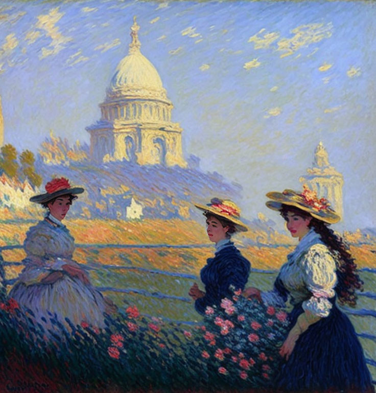 Impressionist painting of three women in hats with flowers and a domed building