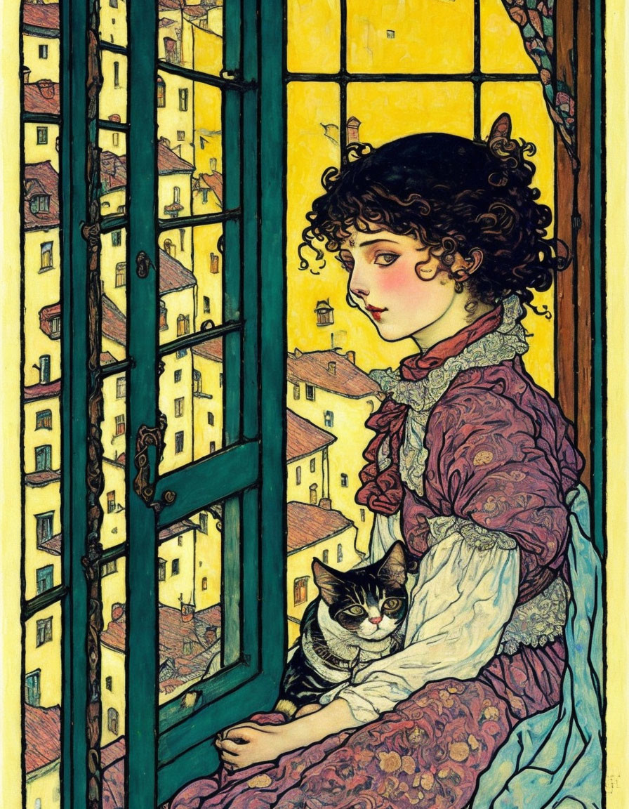 Art Nouveau Woman with Cat and Cityscape Illustration in Vibrant Yellow Tones