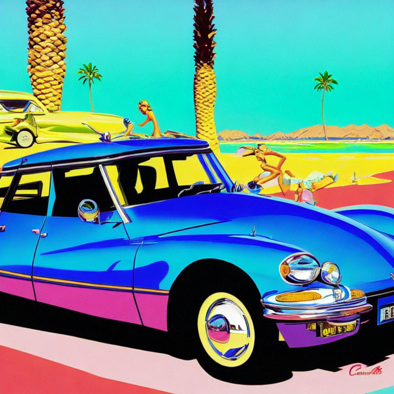 Colorful Retro Illustration: Blue Classic Car, Surfboards, Palm Trees