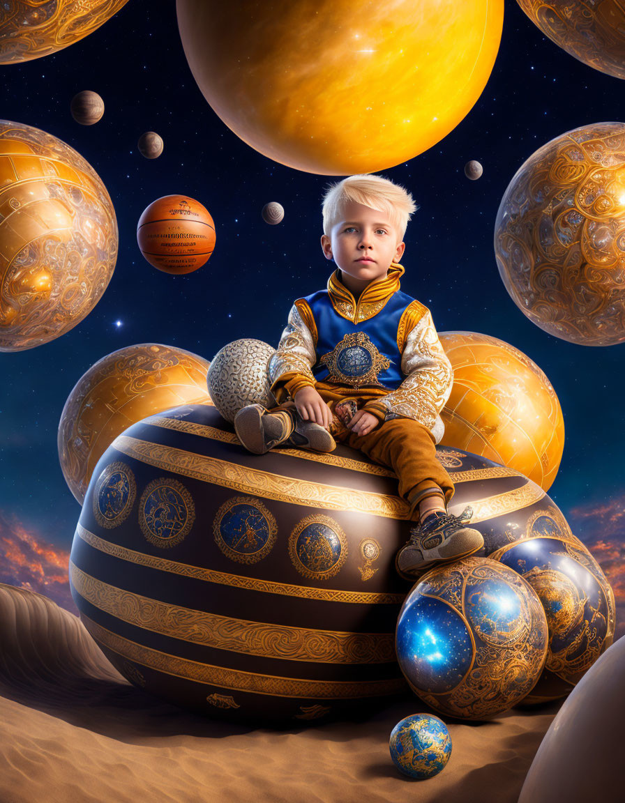Child King in Ornate Attire Amid Celestial Spheres and Starry Sky