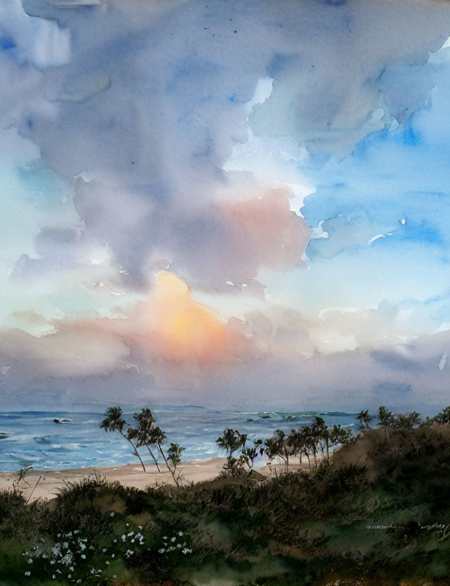 Serene beach watercolor with colorful sunset, clouds, waves, flowers, and palm trees