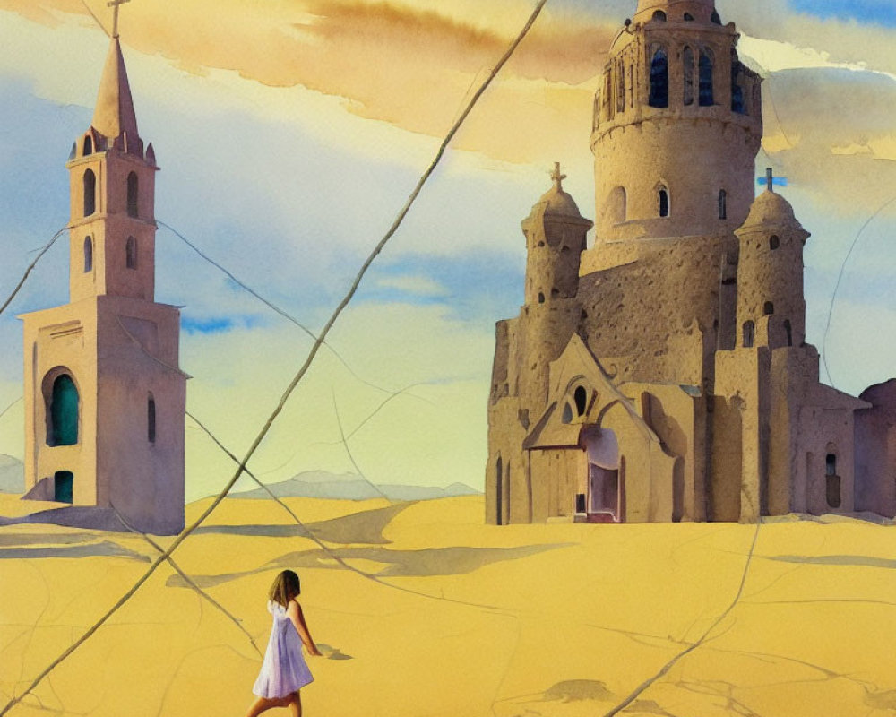 Girl walking towards surreal tower in desert with church and blue sky