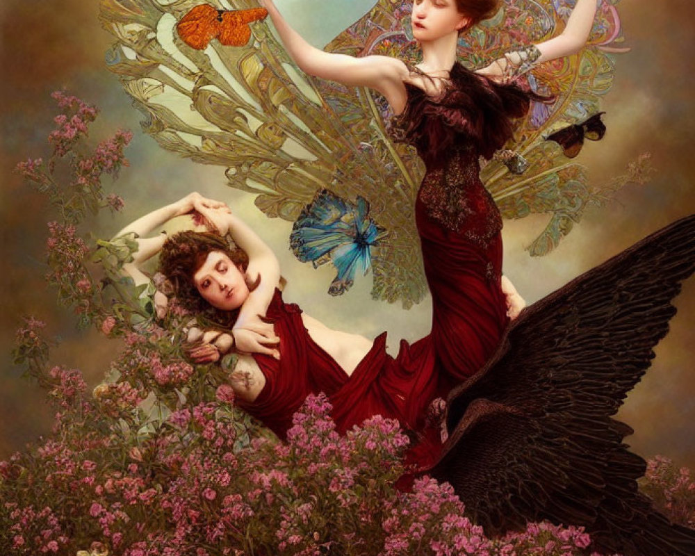 Two Women with Ornate Wings Surrounded by Flowers and Butterflies