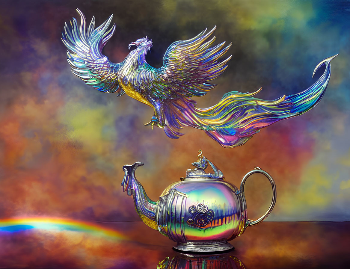 Colorful iridescent phoenix emerging from metallic teapot on vibrant rainbow background
