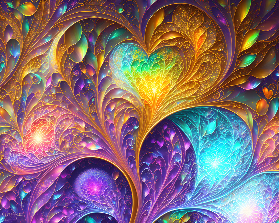 Colorful fractal art with heart shapes in blue, gold, and purple swirls