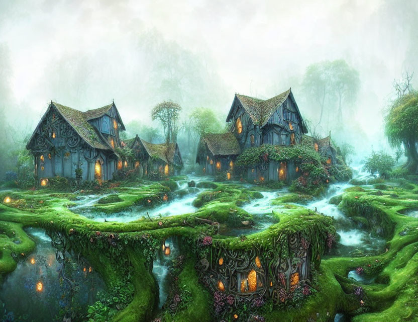 Thatched Roof Cottages in Misty Forest with Glowing Windows