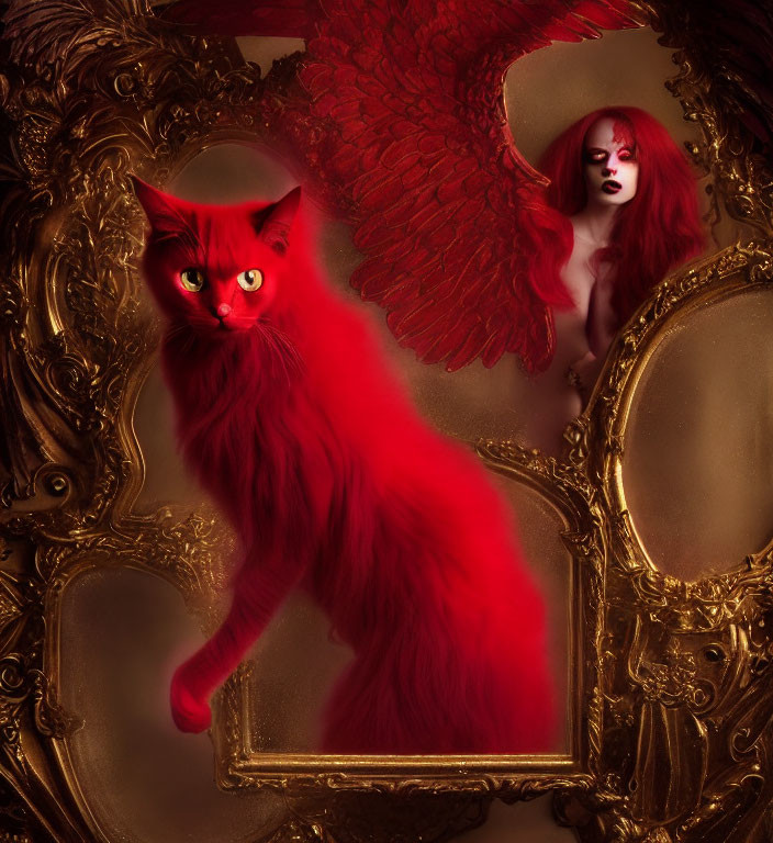 Red-winged cat and woman mirror reflection in warm light