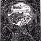 Surreal black and white illustration of figure opening door on Escher-like structure