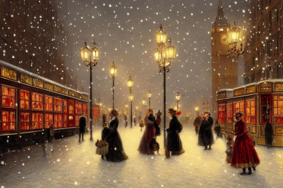 Victorian-era night scene with snow-covered street, streetlamps, double-decker bus, and