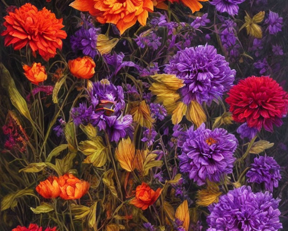 Colorful orange and purple floral bouquet on dark background