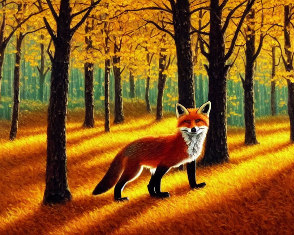 Fox in Golden Autumn Forest with Sunbeams