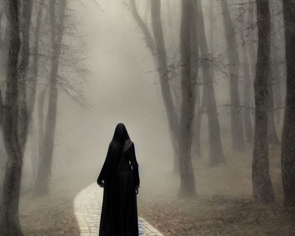Cloaked figure on cobblestone path in foggy forest