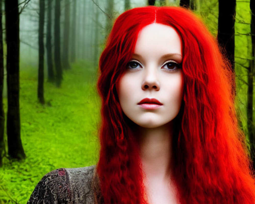 Red-haired person in misty green forest gazes ahead