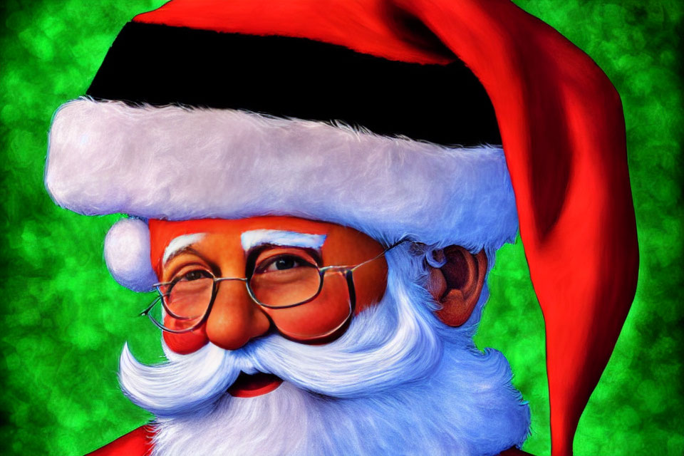 Cheerful Santa Claus with white beard and red hat on green background