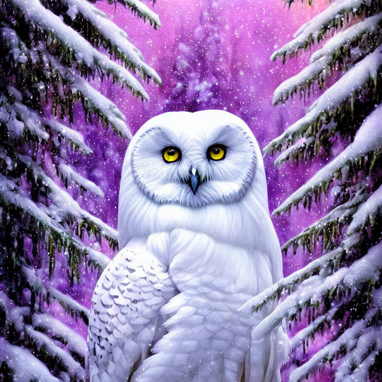 Snowy owl in wintry forest with purple hues and snow-covered fir trees