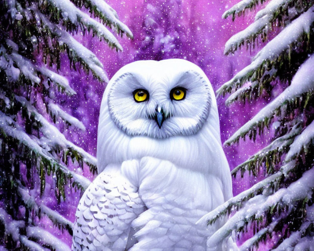 Snowy owl in wintry forest with purple hues and snow-covered fir trees