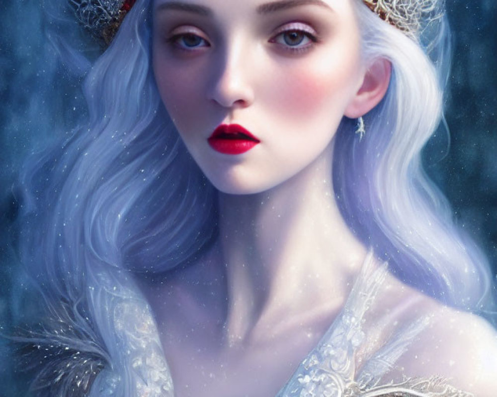 Silver-haired woman in frost-themed attire with crown in snowy setting