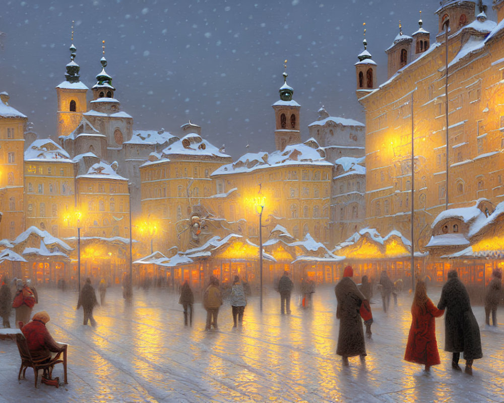 Snow-covered square at night with golden lights, people, and horse-drawn carriage in traditional European setting