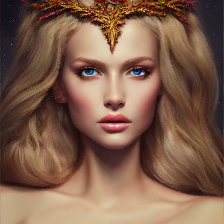 Digital Portrait: Woman with Blue Eyes and Golden Leaf Crown