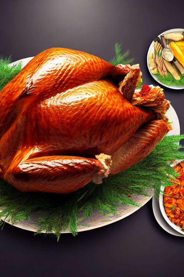 Golden-brown Roasted Turkey with Herb Garnish and Vegetable Sides