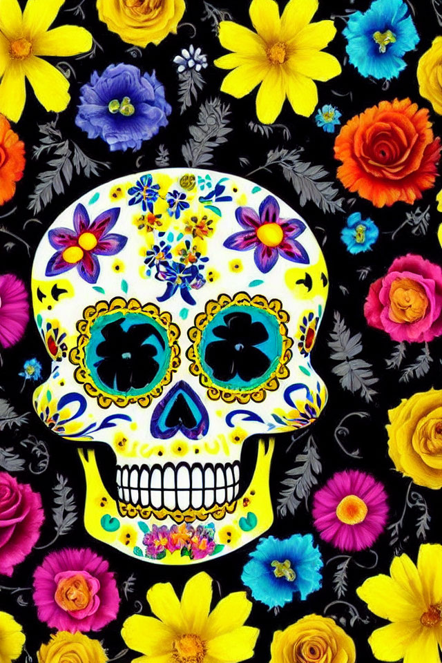Colorful Floral Skull Artwork on Black Background with Vibrant Flowers