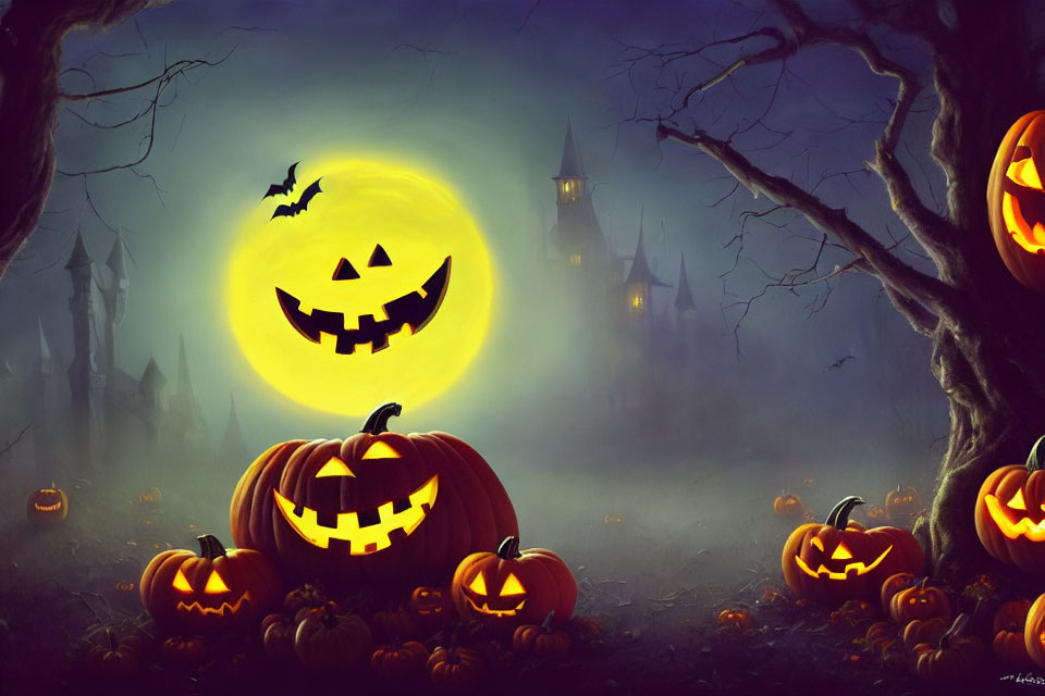 Eerie Halloween scene with jack-o'-lanterns, bats, full moon, haunted house,