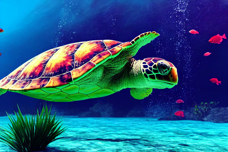 Colorful Sea Turtle Swimming Among Red Fish and Aquatic Plants in Blue Ocean