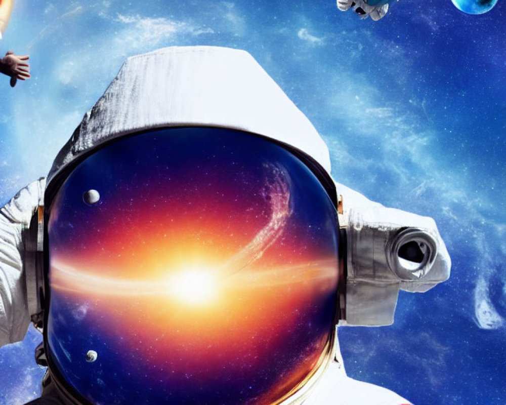 Astronaut in reflective visor with outer space backdrop and celestial bodies