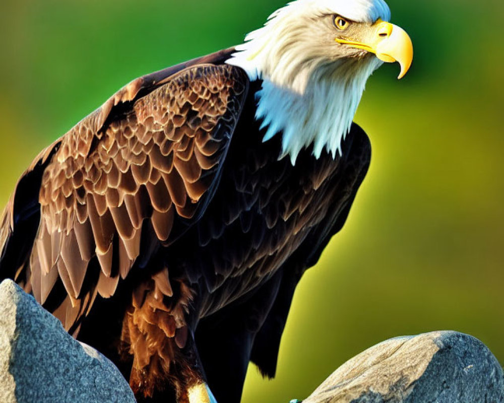 Majestic bald eagle perched on rocky outcrop with keen gaze
