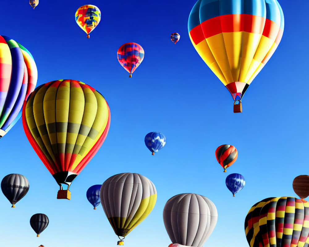 Colorful hot air balloons rise against clear blue sky