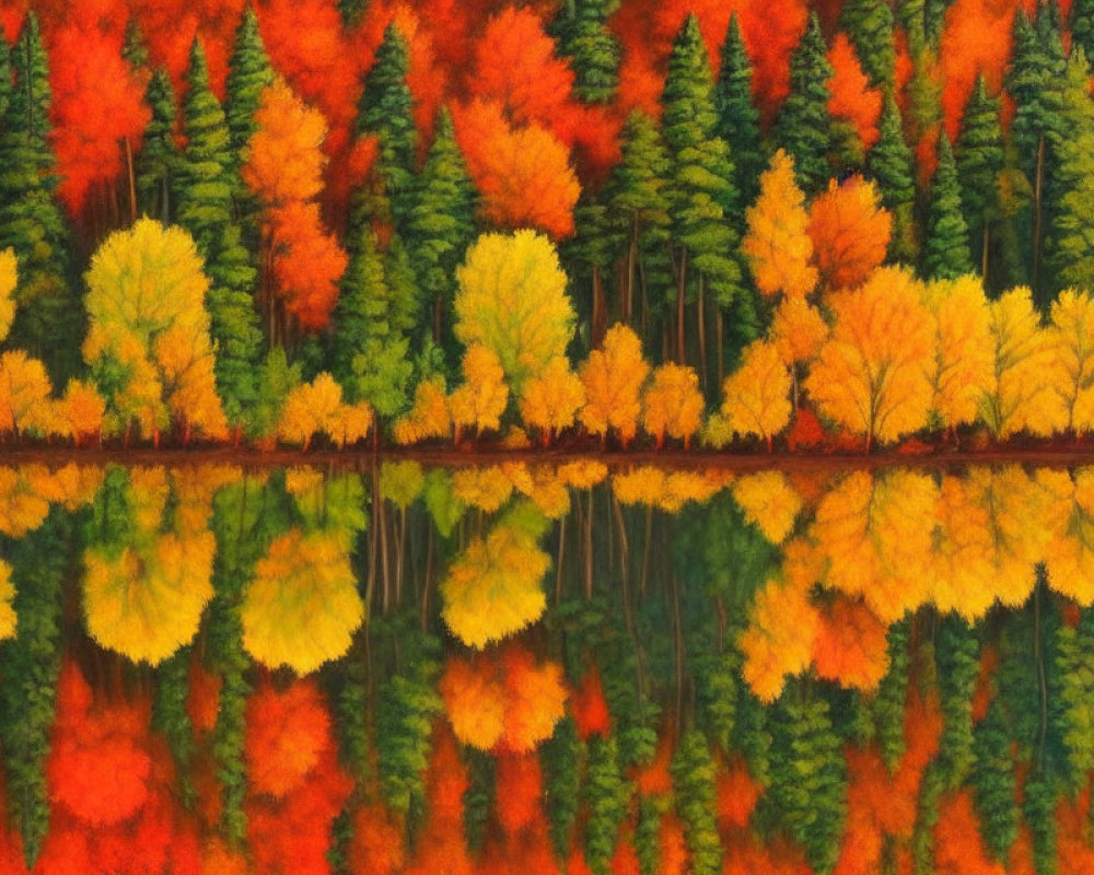 Autumn Forest Reflection with Red, Orange, and Yellow Hues