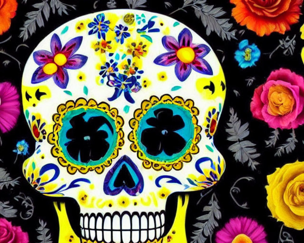 Colorful Floral Skull Artwork on Black Background with Vibrant Flowers