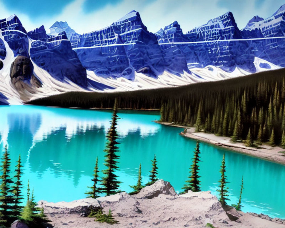 Turquoise Lake with Pine Trees, Mountains, and Blue Sky