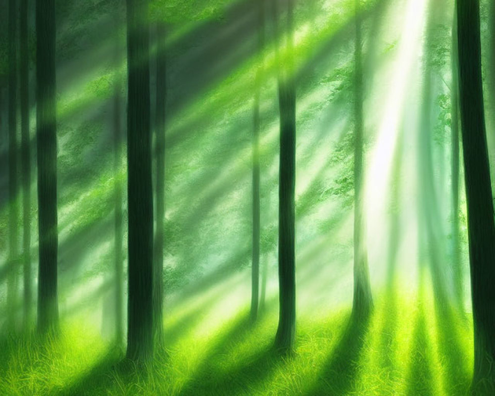 Forest scene: Sunlight filtering through dense green foliage