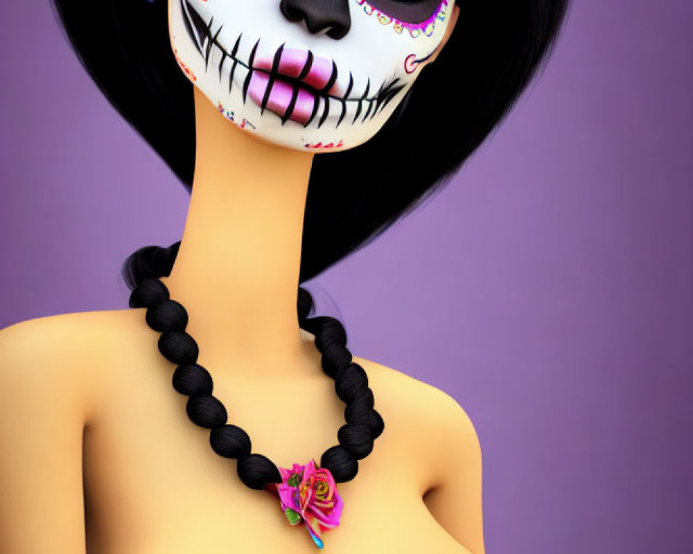 Digital artwork of female figure with Day of the Dead sugar skull face paint, braided hair, and