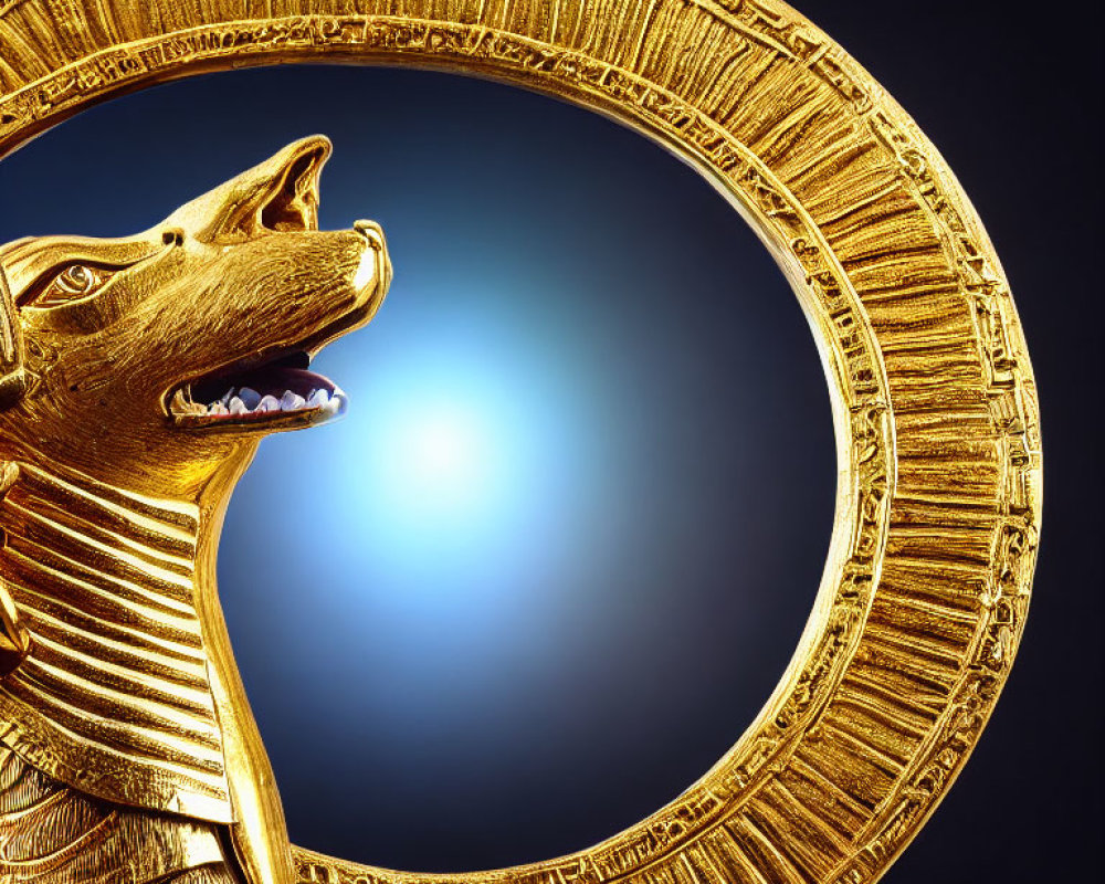 Intricately detailed golden Anubis statue on radiant eclipse background