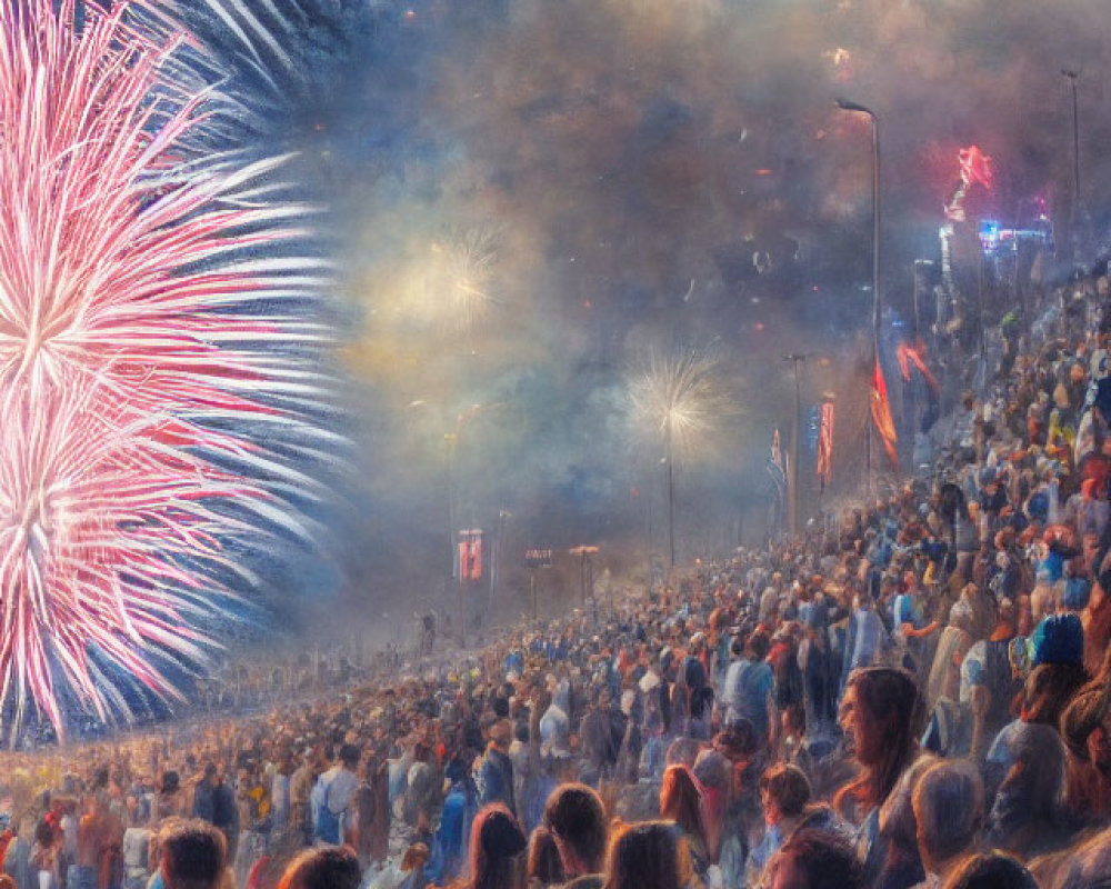 Nighttime crowd mesmerized by blue and white fireworks display