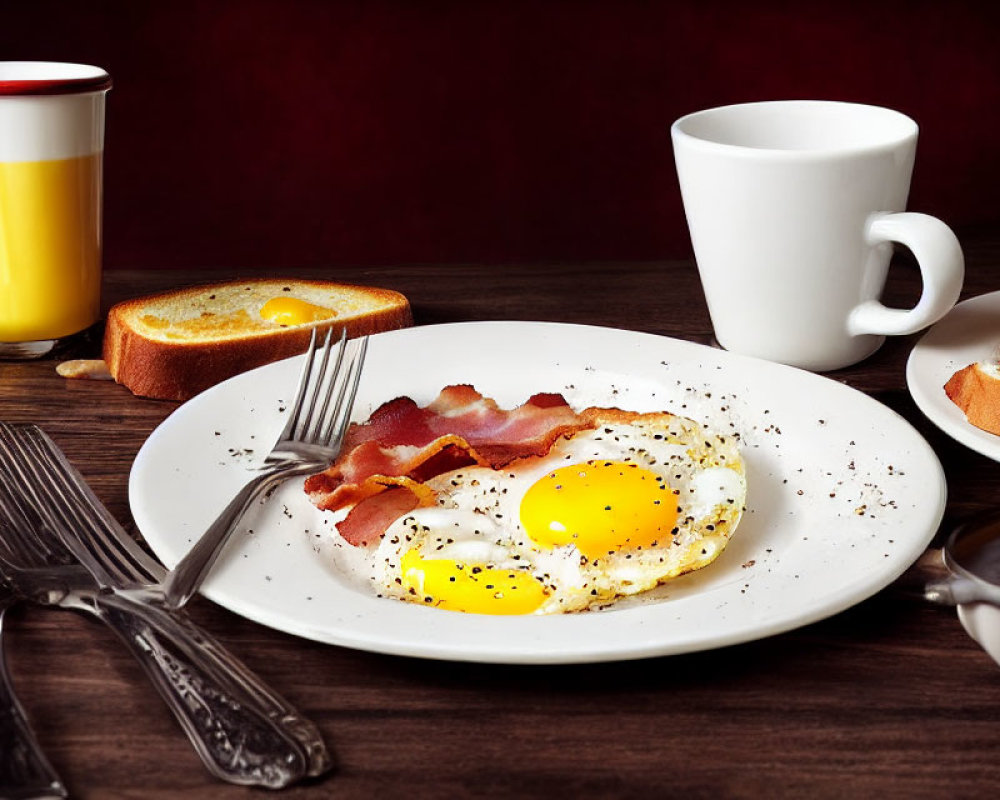 Classic Breakfast Spread with Fried Eggs, Bacon, Toast, Coffee, Juice on Wooden Table