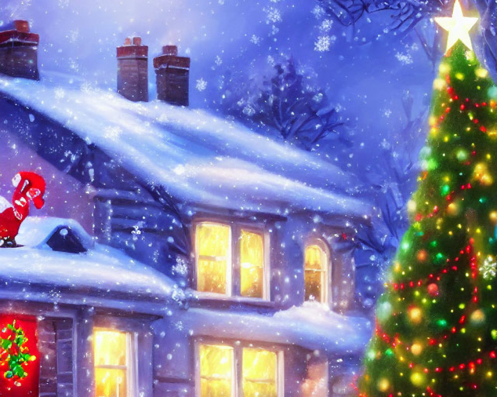 Snow-covered house with Christmas tree & snowflakes in night sky