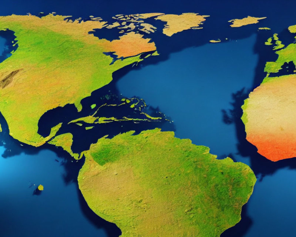 Detailed 3D Map Showing North and South America, Africa, and Europe's Geographic Relief