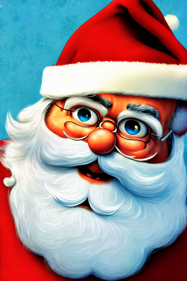 Smiling Santa Claus with white beard and red hat on blue background