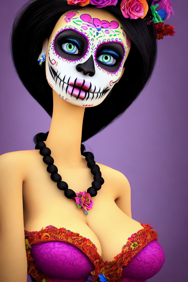 Digital artwork of female figure with Day of the Dead sugar skull face paint, braided hair, and