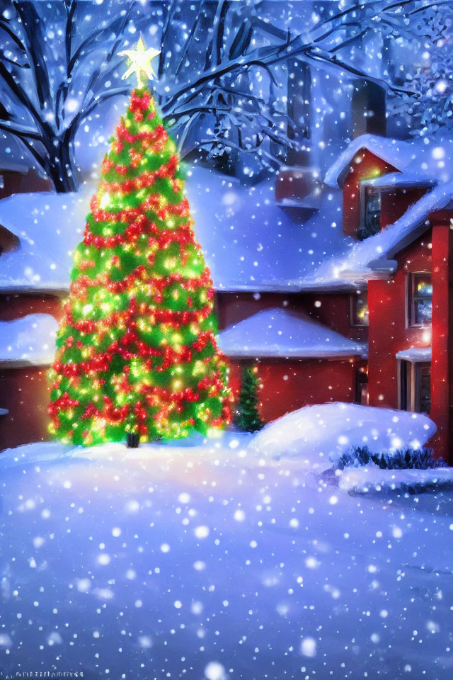 Vibrant Christmas tree with shining star in snowy scene