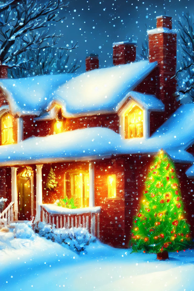 Snowy Night Scene: Cozy Two-Story House with Christmas Lights