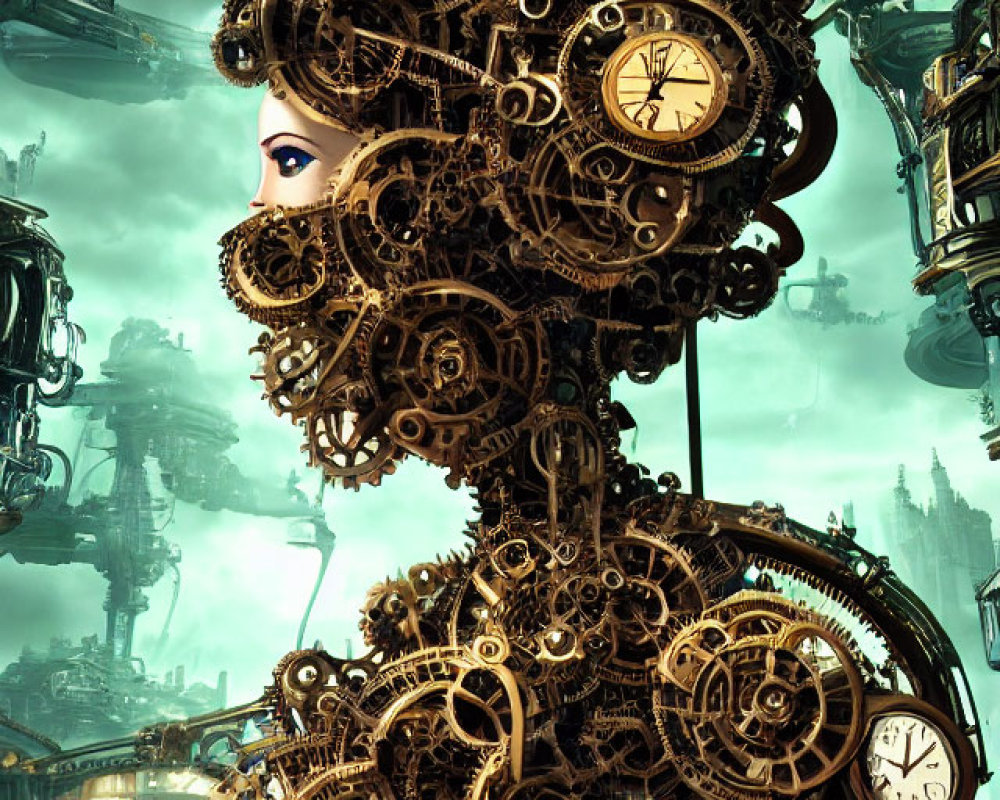 Surreal steampunk portrait featuring female visage and mechanical elements