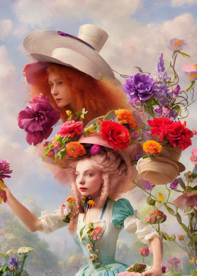 Surreal portrait featuring two women in flower hats against cloudy sky