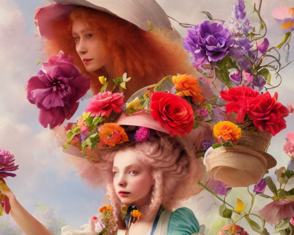 Surreal portrait featuring two women in flower hats against cloudy sky