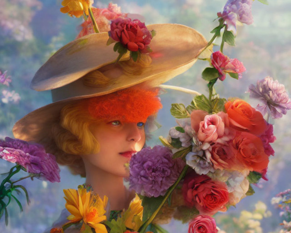 Vibrant orange hair portrait with floral hat in dreamlike setting