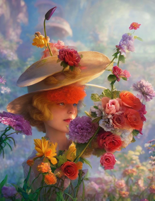 Vibrant orange hair portrait with floral hat in dreamlike setting