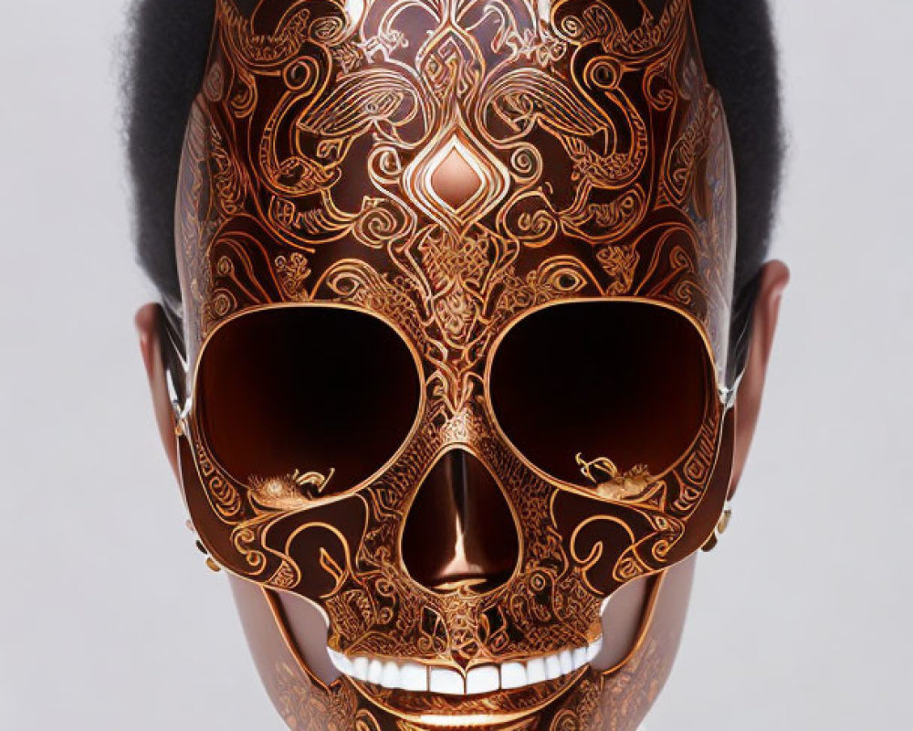 Ornate Bronze Skull Mask with Afro and Sunglasses